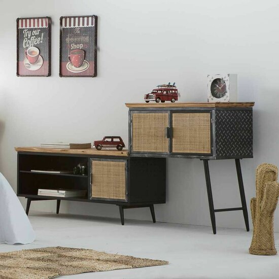 Dressoir Alexandra House Living Bruin Zwart Grijs Ijzer Rotan Sparrenhout 42 x 90 x 202 cm 2