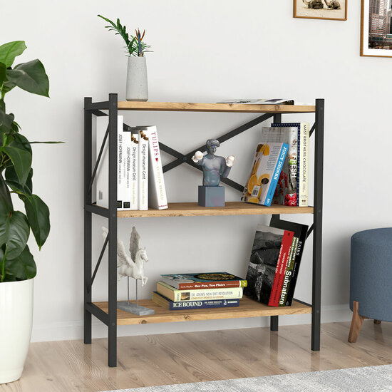 Boekenkast Alexandra House Living Zwart Ek Metaal Hout MDP 66 x 85 x 34 cm industrial 3 Planken 2