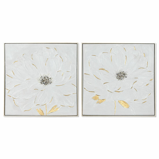 Schilderij Home ESPRIT Wit Gouden polyestyreen Canvas Bloem Shabby Chic 62 x 4,5 x 62 cm (2 Stuks) 1