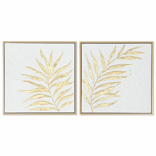 Schilderij Home ESPRIT Wit Gouden Canvas Hout MDF Modern Blad van een plant 42 x 4 x 42 cm (2 Stuks) 1