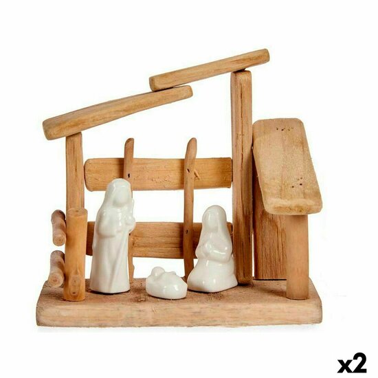 Kerststal set Wit Natuurlijk Hout Keramisch 18 x 17 x 8 cm (2 Stuks) 1