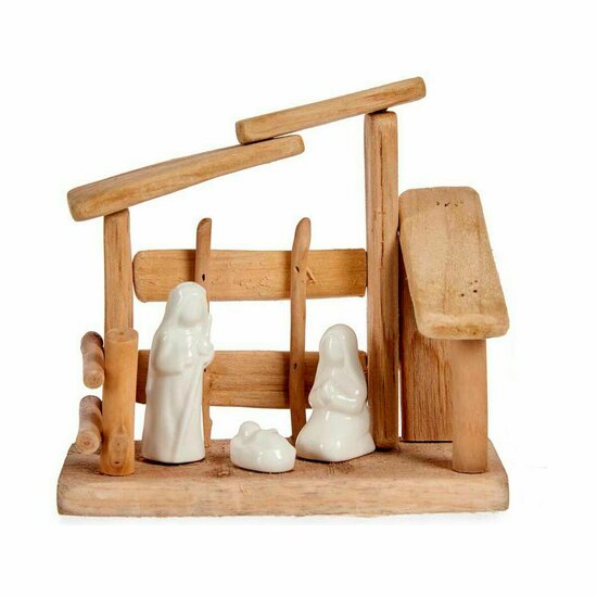 Kerststal set Wit Natuurlijk Hout Keramisch 18 x 17 x 8 cm (2 Stuks) 2