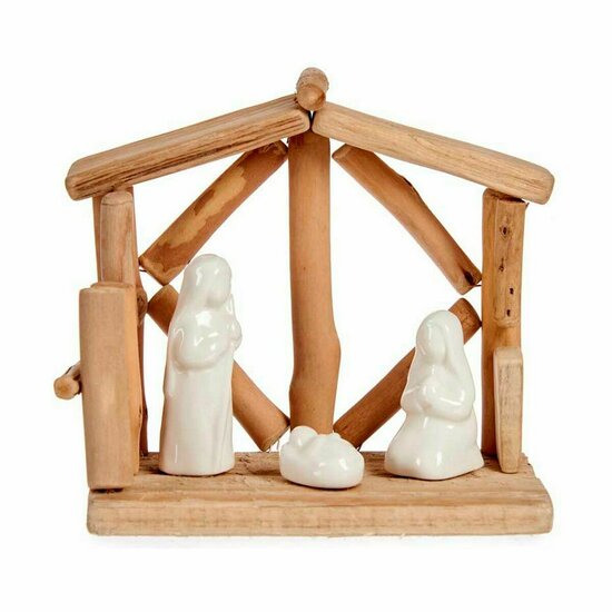 Kerststal set Wit Natuurlijk Hout Keramisch 17 x 14,5 x 8 cm (2 Stuks) 2