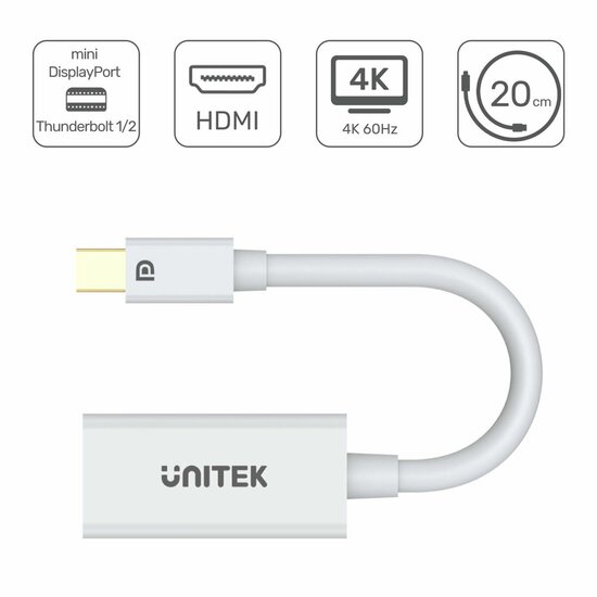 Adapter Mini DisplayPort naar HDMI Unitek Y-6331 Wit 20 cm 3