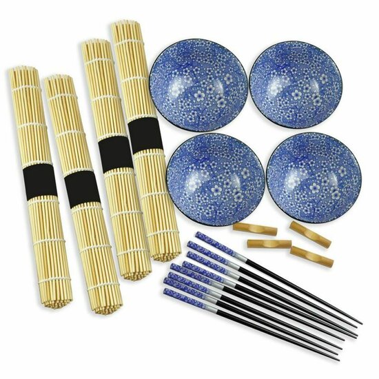 Sushi set DKD Home Decor 14,5 x 14,5 x 31 cm Zwart Blauw Keramiek Orientaals (16 Onderdelen) 5