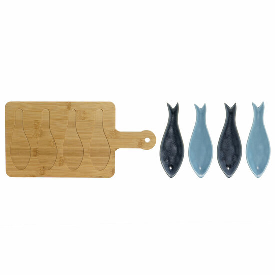 Set voor voorgerechtjes Home ESPRIT Blauw Groen Marineblauw Bamboe Porselein Mediterrane Vissen 36 x 18 x 1,3 cm 5 Onderdelen 5