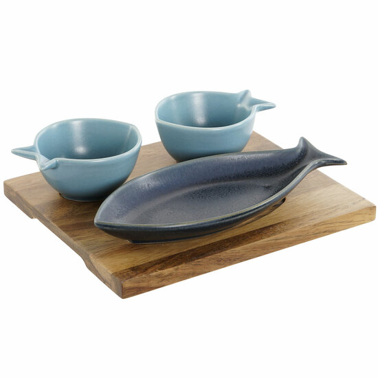 Set voor voorgerechtjes Home ESPRIT Blauw Hemelsblauw Porselein Acacia Mediterrane Vissen 19,5 x 16,5 x 1,3 cm 4 Onderdelen 1