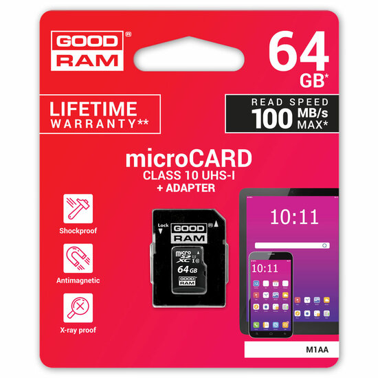 Micro SD kaart met adapter GoodRam M1AA-0640R12 64 GB UHS-I Klasse 10 100 Mb/s 3