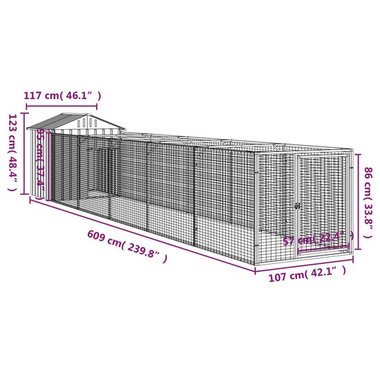 Hondenhok met dak 117x609x123 cm gegalvaniseerd staal antraciet 9