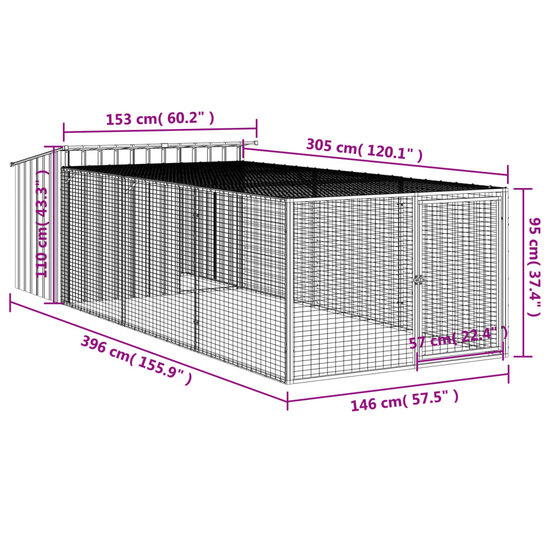 Hondenhok met ren 153x396x110 cm gegalvaniseerd staal antraciet 9