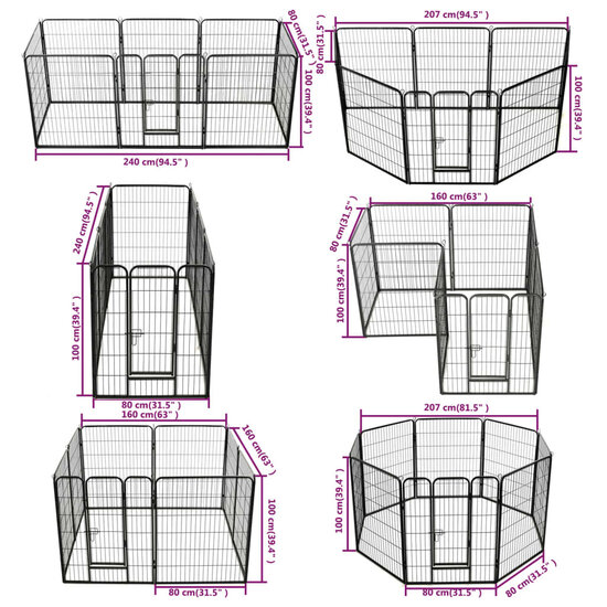 Hondenren met 8 panelen 80x100 cm staal zwart 8