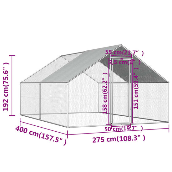 Kippenhok 2,75x4x1,92 m gegalvaniseerd staal   6