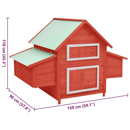 Kippenhok 150x96x110 cm massief vurenhout rood en wit 8