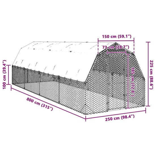 Kippenren met dak 2,5x8x2,25 m gegalvaniseerd staal 8