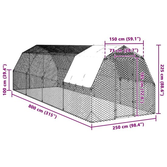 Kippenren met dak 2,5x8x2,25 m gegalvaniseerd staal 8