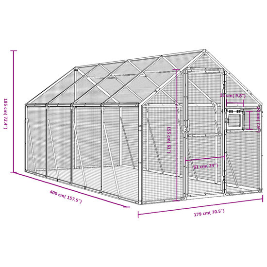 Voli&egrave;re 1,79x4x1,85 m aluminium zilverkleurig 7