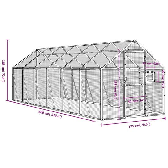 Voli&egrave;re 1,79x6x1,85 m aluminium zilverkleurig 7