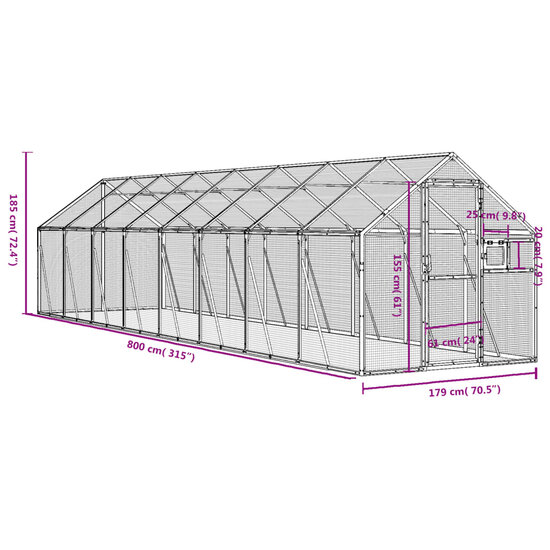 Voli&egrave;re 1,79x8x1,85 m aluminium zilverkleurig 7