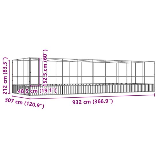 Voli&egrave;re met verlengstuk 932x307x212 m staal zilverkleurig 8