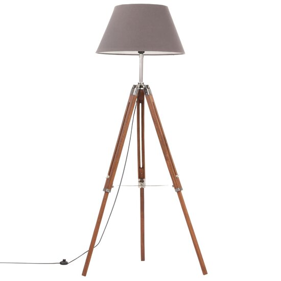 Vloerlamp driepoot 141 cm massief teakhout honingbruin en grijs 2