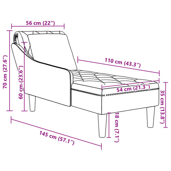 Chaise longue met kussen &amp; rechterarmleuning fluweel lichtgrijs 9