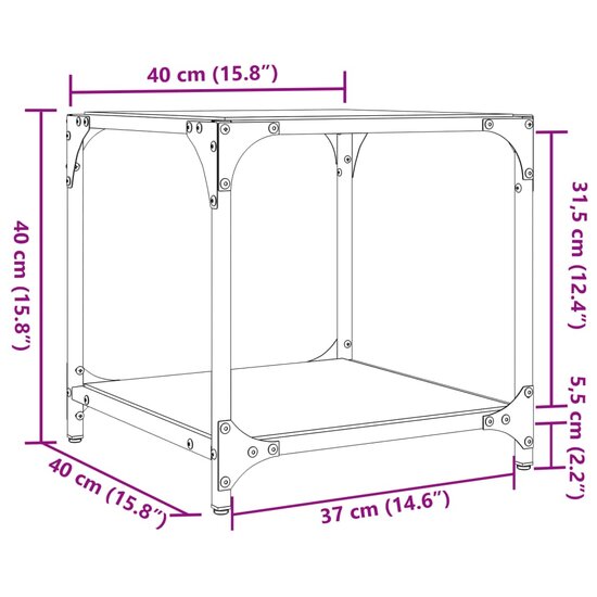 Salontafel met transparant glazen blad 40x40x40 cm staal 9