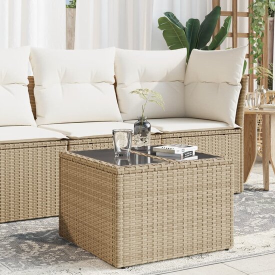 Tuintafel met glazen blad 55x55x37 cm poly rattan beige 1