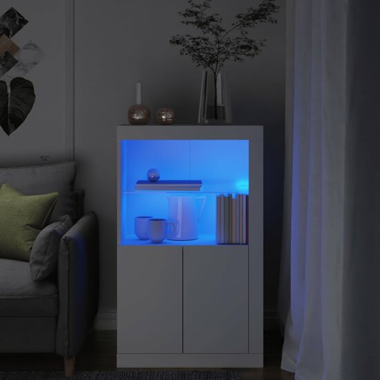 Bijzetkast met LED-verlichting bewerkt hout wit 1