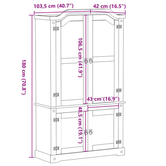 Vitrinekast Corona 103,5x42x180 cm massief grenenhout 9