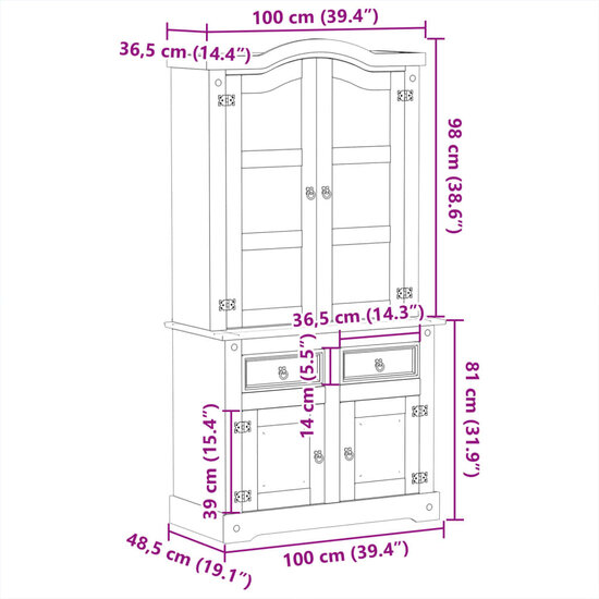 Vitrinekast Corona 100x48,5x179 cm massief grenenhout 9