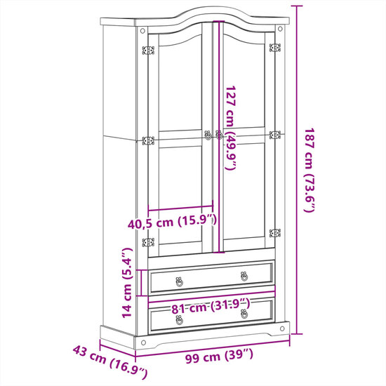 Vitrinekast Corona 99x43x187 cm massief grenenhout 9