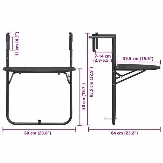 Balkontafel hangend 60x64x83,5 cm rattan-look kunststof bruin 9