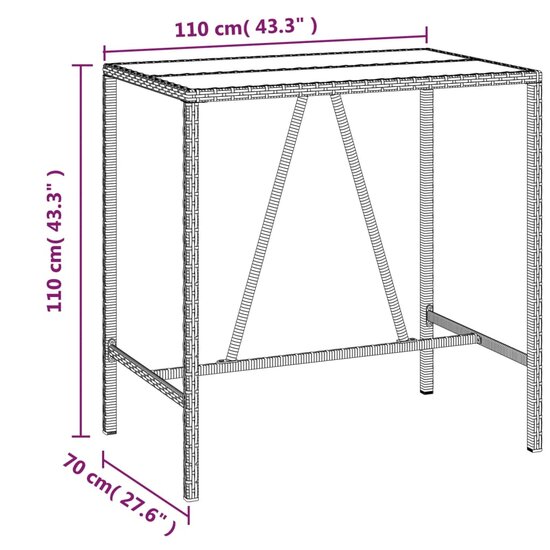 Bartafel met glazen blad 110x70x110 cm poly rattan bruin 6