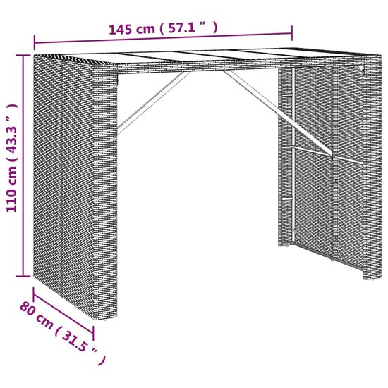 Bartafel met glazen blad 145x80x110 cm poly rattan grijs 6