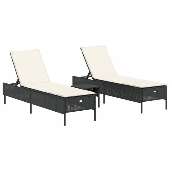 3-delige Ligbeddenset met kussens poly rattan zwart 2