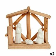 Kerststal set Wit Natuurlijk Hout Keramisch 17 x 14,5 x 8 cm (2 Stuks) 1